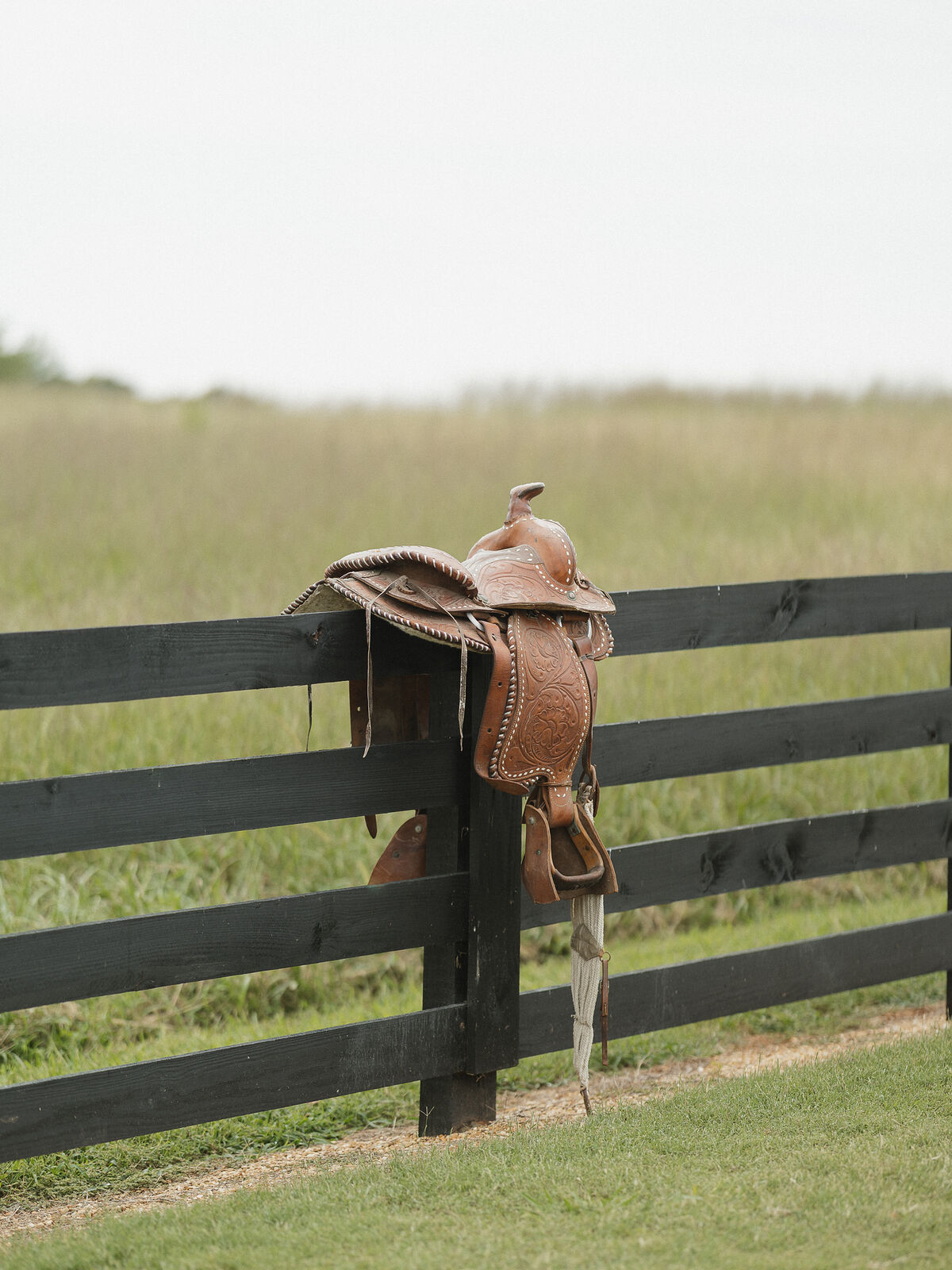A saddle resting on a black fence rail