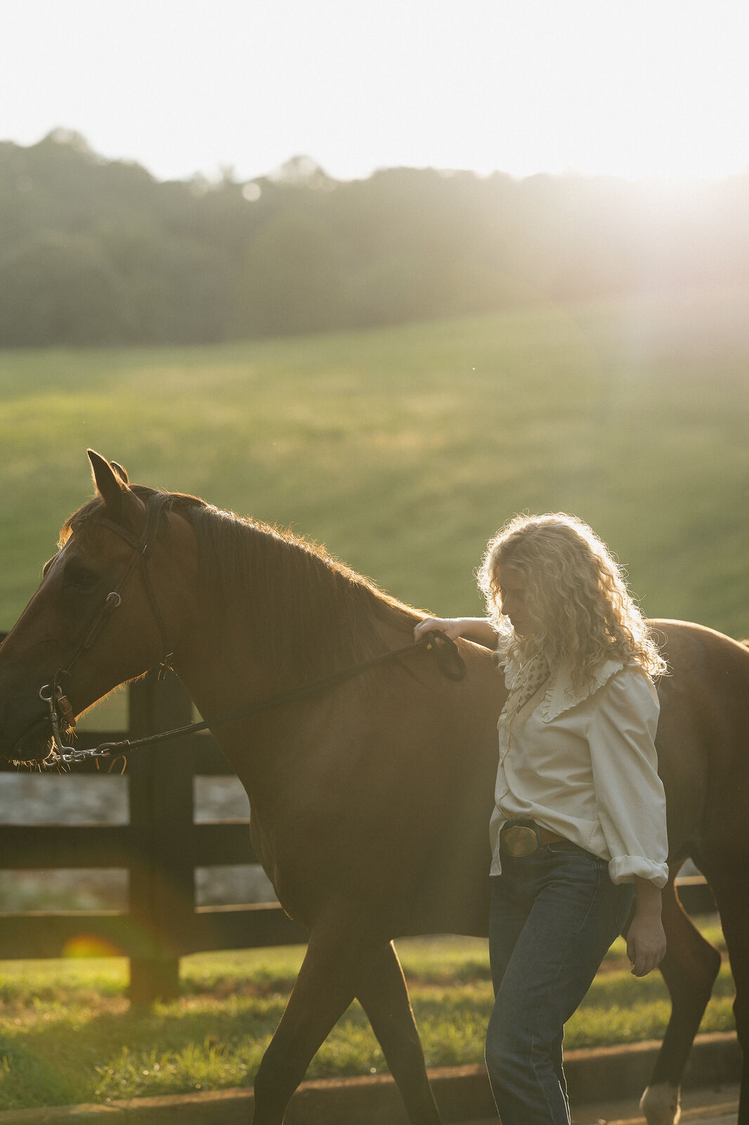 Woman walking a horse at golden hour